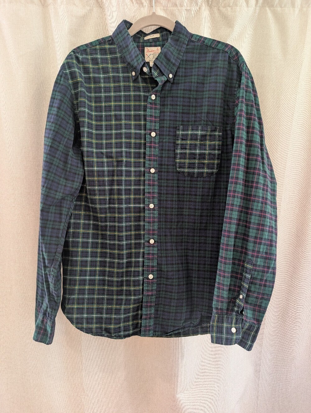 J Crew Organic Cotton Flannel Shirt Men L Blue Green Plaid Broken In Oxford